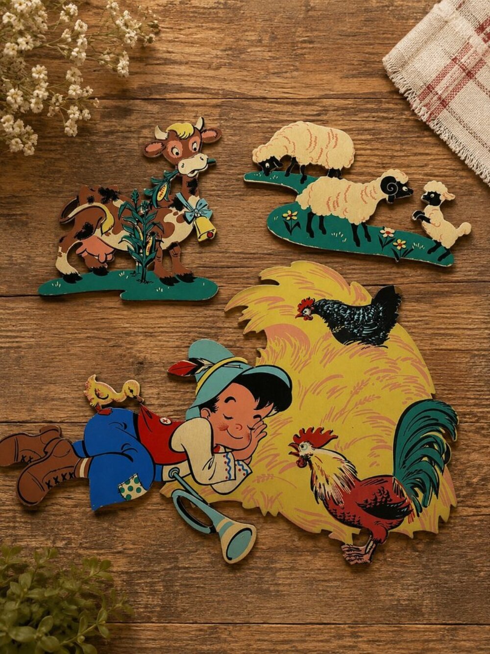 Vintage 1949 The Dolly Toy Co. Farm Cow Boy Wood Wall Decor Nursery Art Prints
